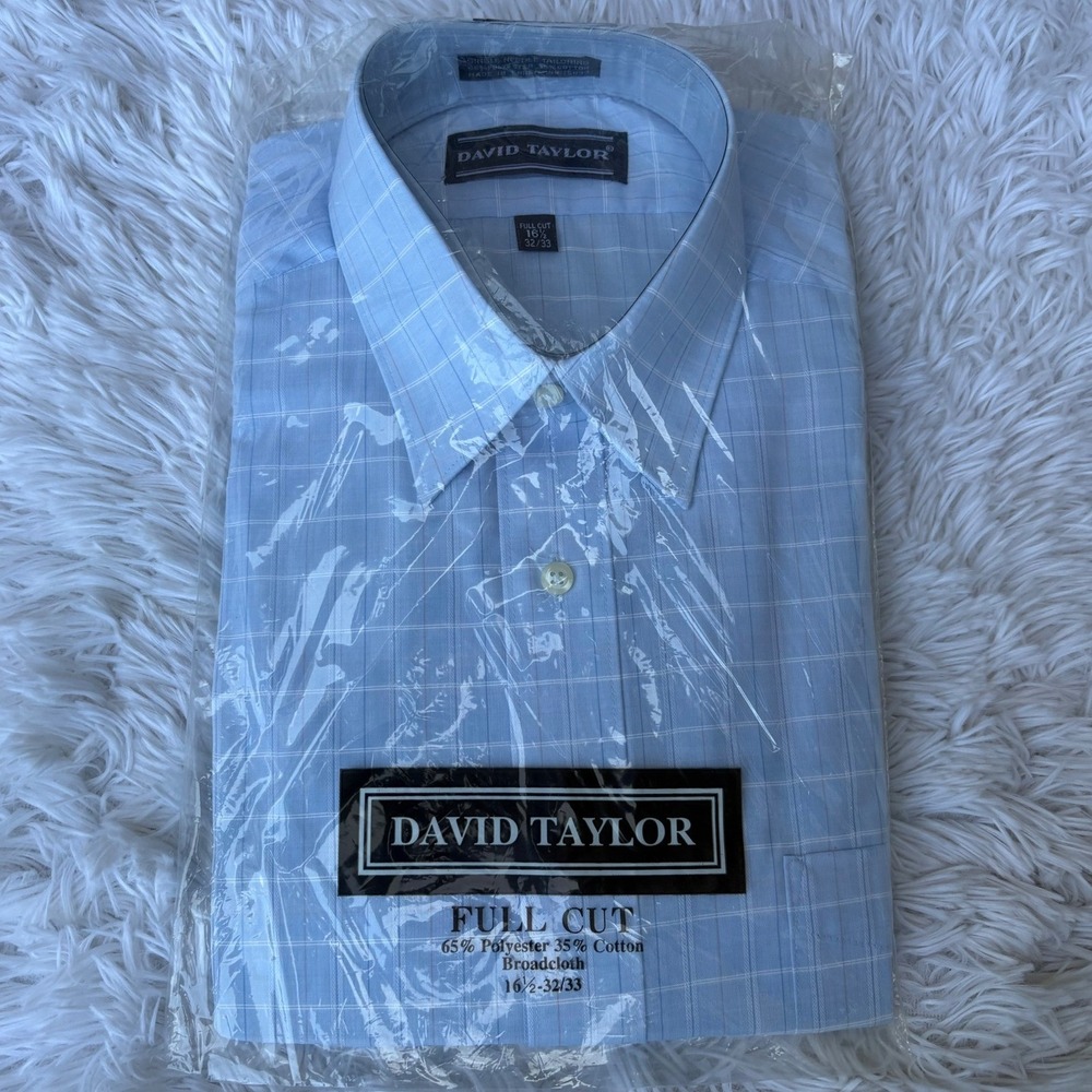 David Taylor Blue Windowpane Check Dress Shirt Men's 16.5 32/33 Vintage